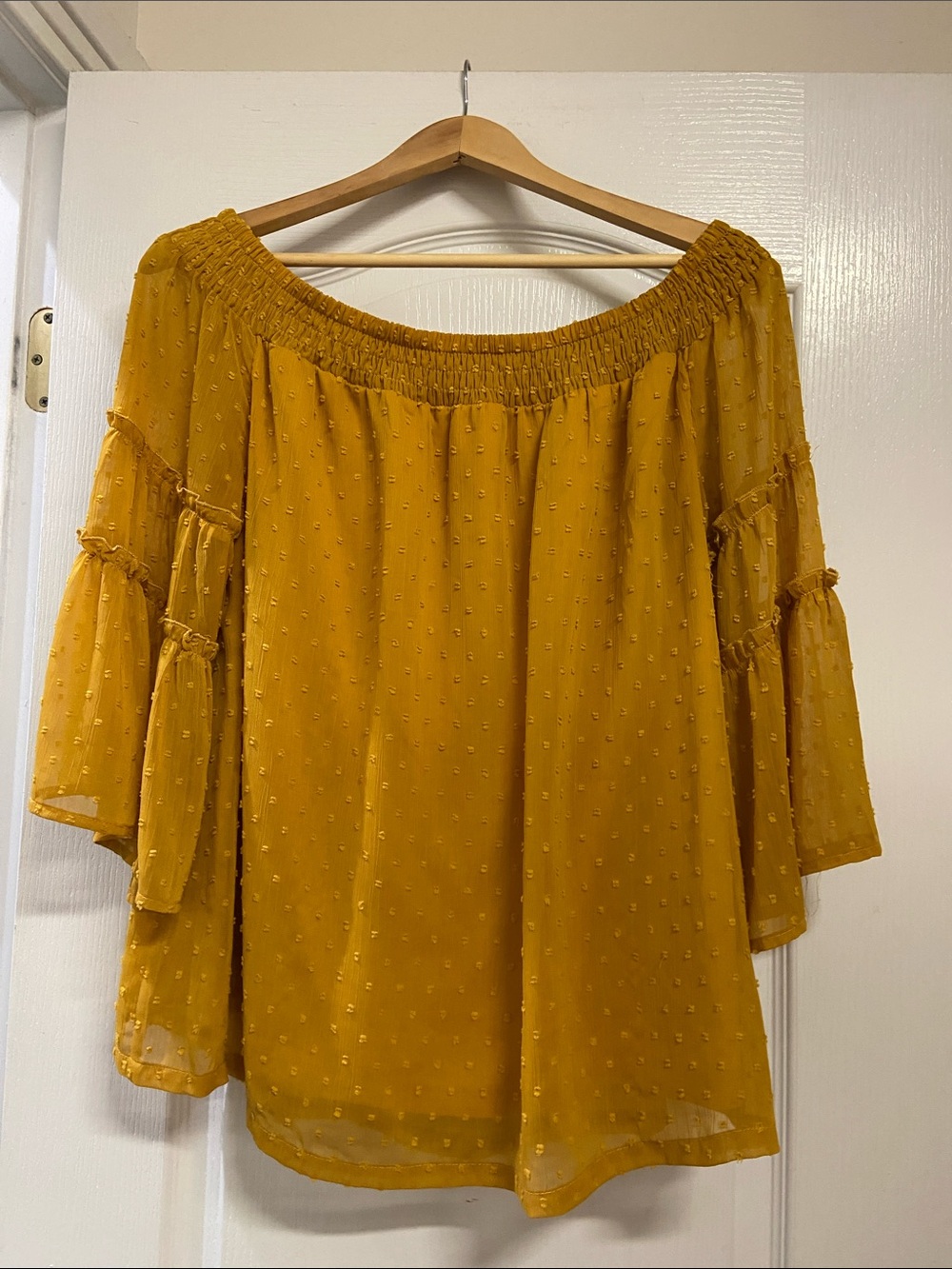 JODIFL Mustard Off-Shoulder Dot-Texture Peasant Blouse